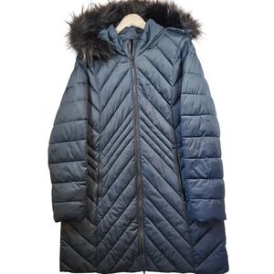 Etage Denmark Womens Long Puffer Coat Faux Fur Hood Blue Chevron parka L/G